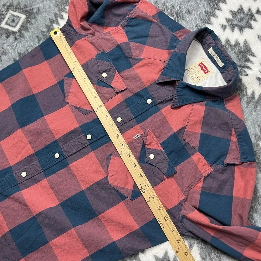 Levis Mens Buffalo Plaid Western Snap Shirt Red Navy Blue Slim Fit Large